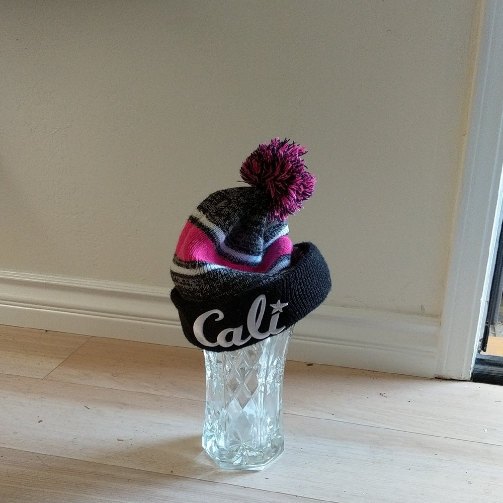 Black, Pink, Dark Grey, Pom-Pom Knit Beenie.